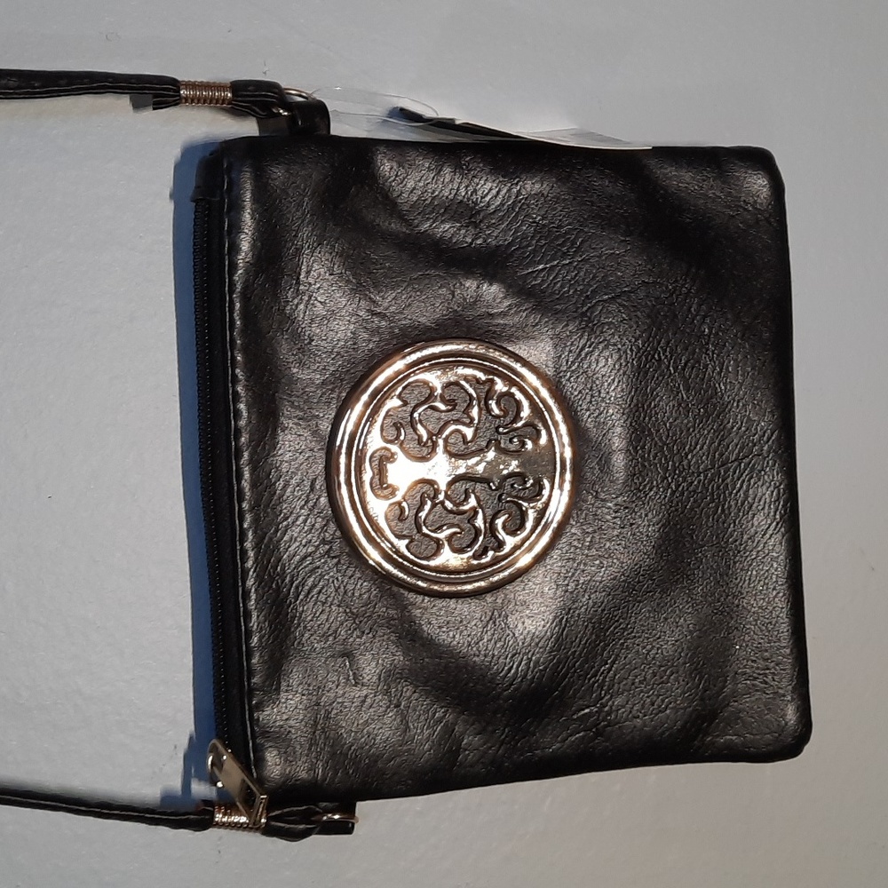 Black Faux Leather Small Crossbody Purse Bag Zipper Closure Gold Metal Accents